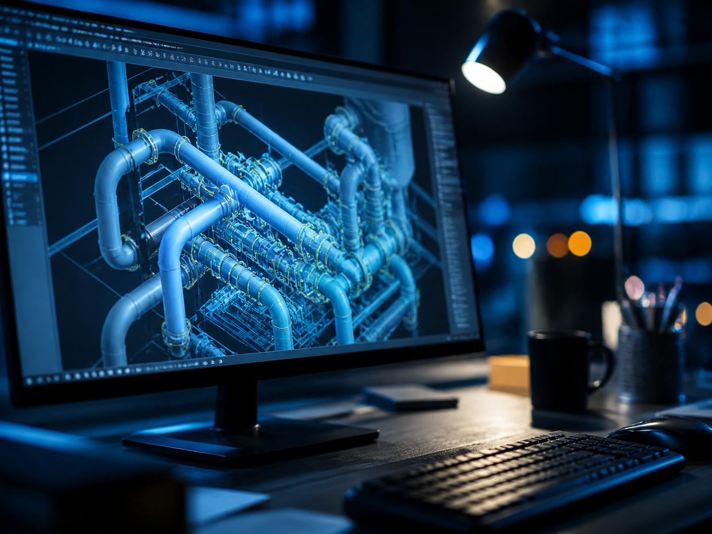 Engineer's workstation showing a 3D piping model in CAD software